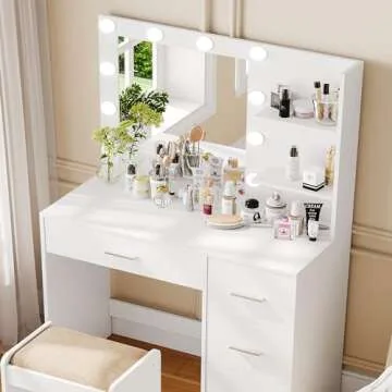 Rovaurx Makeup Vanity Table with Lighted Mirror, Makeup Vanity Desk with Storage Shelf and 4 Drawers, Bedroom Dressing Table, 10 LED Lights, White