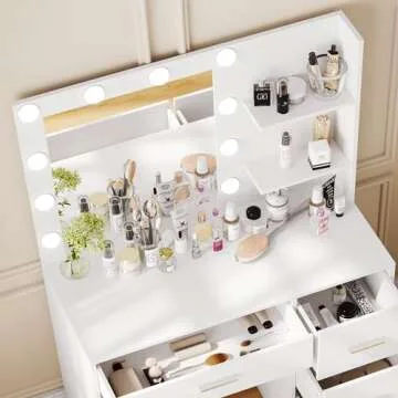 Rovaurx Makeup Vanity Table with Lighted Mirror, Makeup Vanity Desk with Storage Shelf and 4 Drawers, Bedroom Dressing Table, 10 LED Lights, White