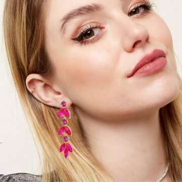 GAOKOXI Hot Pink Wedding Rhinestone Dangle Earrings Elegant Bridal Crystal Drop Earrings for Women Bridesmaids Guest Party Valentine's Day