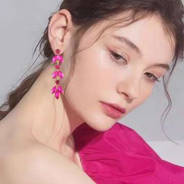 GAOKOXI Hot Pink Wedding Rhinestone Dangle Earrings Elegant Bridal Crystal Drop Earrings for Women Bridesmaids Guest Party Valentine's Day