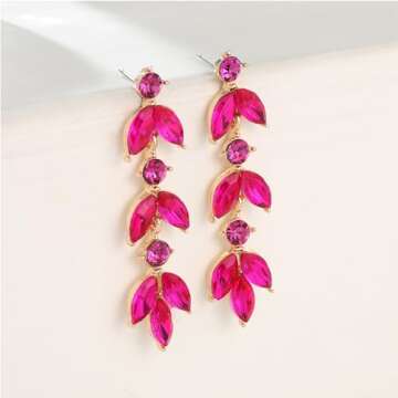 GAOKOXI Hot Pink Wedding Rhinestone Dangle Earrings Elegant Bridal Crystal Drop Earrings for Women Bridesmaids Guest Party Valentine's Day