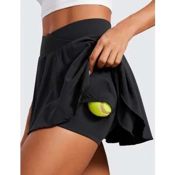 CRZ YOGA Tennis Skirts for Women Crossover High Waisted Ruffle Layered Workout Athletic Golf Skort with Pockets Black Small
