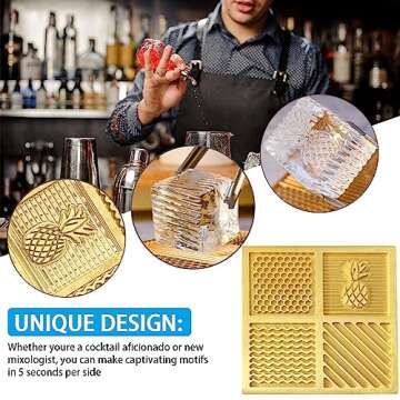 HUATOL Brass Ice Designer Tray, Craft Modern Ice Molds Cube Stamping Plate for Whiskey, Bourbon & Cocktails, 4.33 * 4.33 * 0.59 in Ice Cube Mold, Bartender Accessories for Clear Ice Cocktails