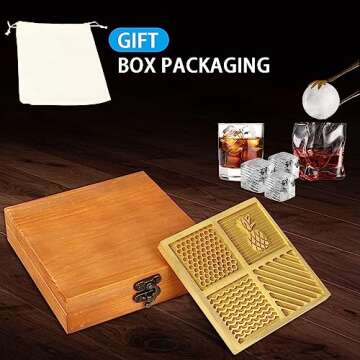 HUATOL Brass Ice Designer Tray, Craft Modern Ice Molds Cube Stamping Plate for Whiskey, Bourbon & Cocktails, 4.33 * 4.33 * 0.59 in Ice Cube Mold, Bartender Accessories for Clear Ice Cocktails