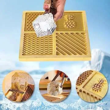 HUATOL Brass Ice Designer Tray, Craft Modern Ice Molds Cube Stamping Plate for Whiskey, Bourbon & Cocktails, 4.33 * 4.33 * 0.59 in Ice Cube Mold, Bartender Accessories for Clear Ice Cocktails