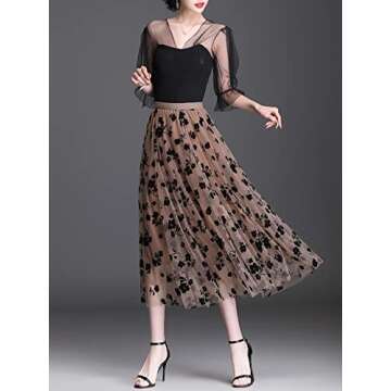 Reaowazo Skirts for Women Midi Long Length Dressy Casual Trendy Summer Tulle A-Line Floral High Wais...