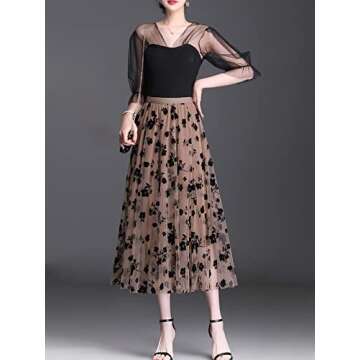 Reaowazo Skirts for Women Midi Long Length Dressy Casual Trendy Summer Tulle A-Line Floral High Waist Skirt Khaki L-XL