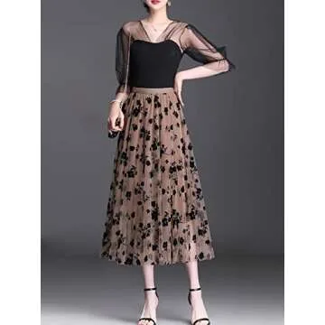Reaowazo Skirts for Women Midi Long Length Dressy Casual Trendy Summer Tulle A-Line Floral High Waist Skirt Khaki L-XL