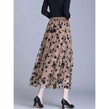Reaowazo Skirts for Women Midi Long Length Dressy Casual Trendy Summer Tulle A-Line Floral High Waist Skirt Khaki L-XL