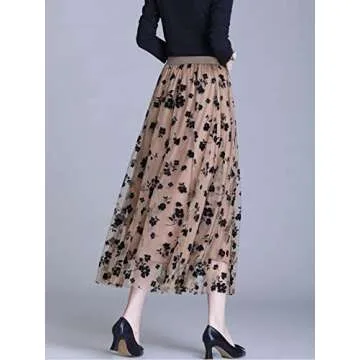 Reaowazo Skirts for Women Midi Long Length Dressy Casual Trendy Summer Tulle A-Line Floral High Waist Skirt Khaki L-XL