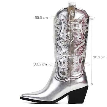 MeiLuSi Silver Boots Metallic Cowgirl Boots Wide Calf Cowboy Boots Boots Mid Calf Pointed Toe Tall Boots Pull On Dress Party Glitter Boots Woman Size