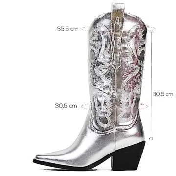 MeiLuSi Silver Boots Metallic Cowgirl Boots Wide Calf Cowboy Boots Boots Mid Calf Pointed Toe Tall Boots Pull On Dress Party Glitter Boots Woman Size