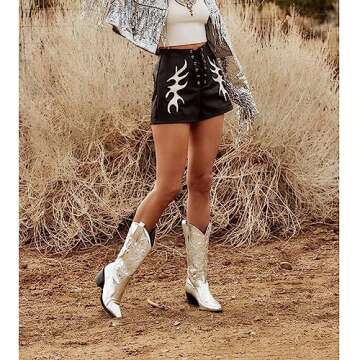 MeiLuSi Silver Boots Metallic Cowgirl Boots Wide Calf Cowboy Boots Boots Mid Calf Pointed Toe Tall Boots Pull On Dress Party Glitter Boots Woman Size