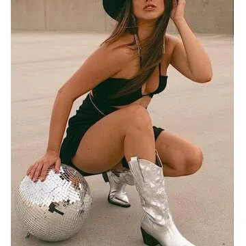 MeiLuSi Silver Boots Metallic Cowgirl Boots Wide Calf Cowboy Boots Boots Mid Calf Pointed Toe Tall Boots Pull On Dress Party Glitter Boots Woman Size