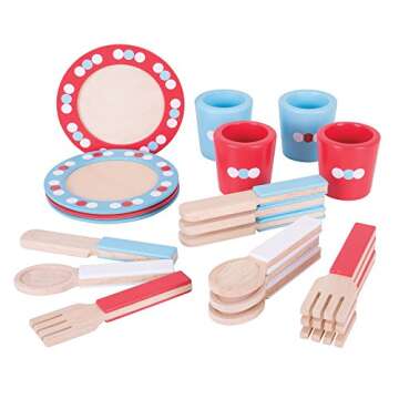 Bigjigs Toys Role Play Dinner Service Tea Set - Kids Tea Set with Toddler Cutlery, Toy Kitchen Acces...