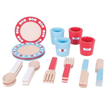 Bigjigs Toys Role Play Dinner Service Tea Set - Kids Tea Set with Toddler Cutlery, Toy Kitchen Accessories for Wooden Play Kitchen, Toy Plates and Cutlery Set