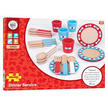 Bigjigs Toys Role Play Dinner Service Tea Set - Kids Tea Set with Toddler Cutlery, Toy Kitchen Accessories for Wooden Play Kitchen, Toy Plates and Cutlery Set
