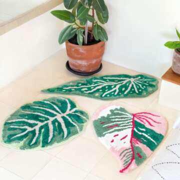 FrecklePot Monstera Non Slip Bath Mat or Kitchen Tufted Rug, Plant Leaf Shaped Kids Pets Floor Mat Carpet, Green, 32" x 24"