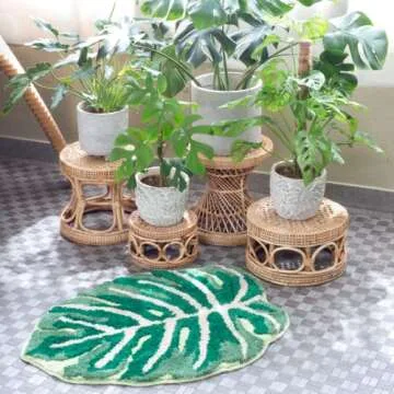 FrecklePot Monstera Non Slip Bath Mat or Kitchen Tufted Rug, Plant Leaf Shaped Kids Pets Floor Mat Carpet, Green, 32" x 24"