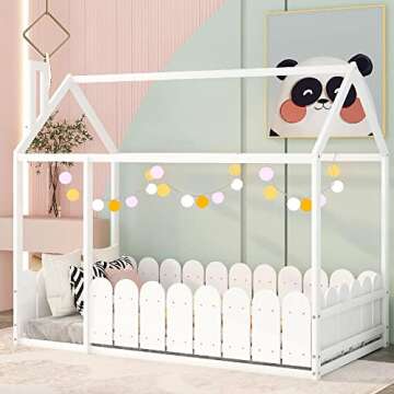 MERITLINE Twin House Bed Frame with Roof and Fence, White (Plywood+MDF+Pinewood)