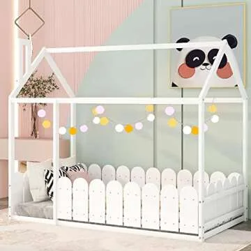 MERITLINE Twin House Bed Frame with Roof and Fence, White (Plywood+MDF+Pinewood)