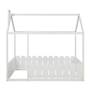MERITLINE Twin House Bed Frame with Roof and Fence, White (Plywood+MDF+Pinewood)