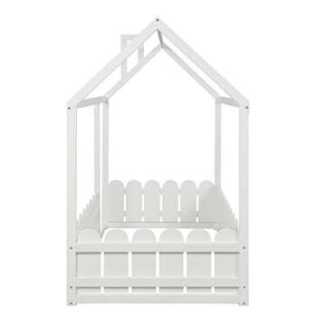 MERITLINE Twin House Bed Frame with Roof and Fence, White (Plywood+MDF+Pinewood)