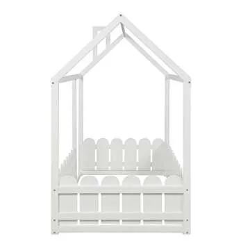 MERITLINE Twin House Bed Frame with Roof and Fence, White (Plywood+MDF+Pinewood)