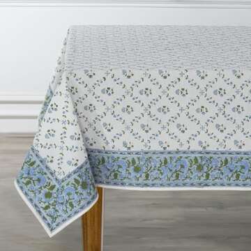 Ridhi Blue Block Print Tablecloths 100% Cotton 60 Inch x 90 Inch Decorative Washable Rectangle Table...