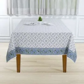 Ridhi Blue Block Print Tablecloths 100% Cotton 60 Inch x 90 Inch Decorative Washable Rectangle Tablecloth Table Cloth, Dining, Kitchen, Parties & Camping, Faience - Spring/Summer