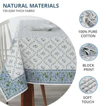 Ridhi Blue Block Print Tablecloths 100% Cotton 60 Inch x 90 Inch Decorative Washable Rectangle Tablecloth Table Cloth, Dining, Kitchen, Parties & Camping, Faience - Spring/Summer