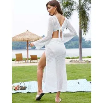 Gihuo Womens Swimsuits Cover Ups Crochet 2 Piece Bikini Coverup Beach Swimwear Hollow Out Bathing Suit Tie Skirt(White-L)