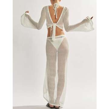 Gihuo Womens Swimsuits Cover Ups Crochet 2 Piece Bikini Coverup Beach Swimwear Hollow Out Bathing Suit Tie Skirt(White-L)