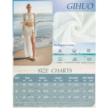 Gihuo Womens Swimsuits Cover Ups Crochet 2 Piece Bikini Coverup Beach Swimwear Hollow Out Bathing Suit Tie Skirt(White-L)