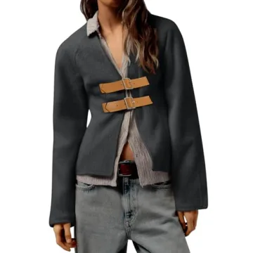 Cicy Bell Womens Cropped Pea Coat V Neck Short Wool Jackets Vintage Casual Y2K Fall Open Front Blazer with Buckle