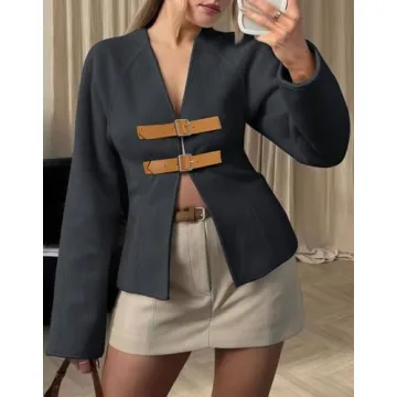 Cicy Bell Womens Cropped Pea Coat V Neck Short Wool Jackets Vintage Casual Y2K Fall Open Front Blazer with Buckle