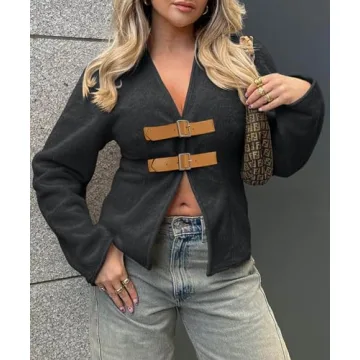 Cicy Bell Womens Cropped Pea Coat V Neck Short Wool Jackets Vintage Casual Y2K Fall Open Front Blazer with Buckle