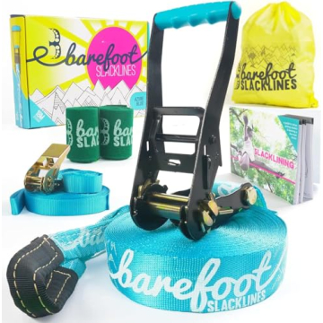 Barefoot Slackline Kit 60ft with Ratchet & Training Line for Family Fun