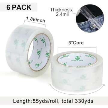 BOMEI PACK No Noise Quiet Clear Packing Tape, Heavy Duty Packaging Tape, Refill Rolls for Sealing Packing and Shipping, 2.4Mil 1.88Inch 55Yards 6rolls, with Free Dispenser