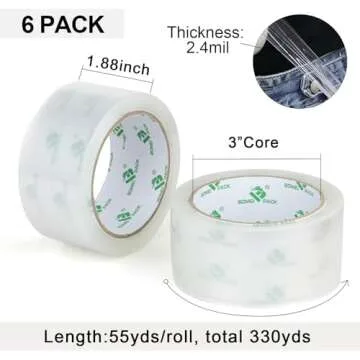 BOMEI PACK No Noise Quiet Clear Packing Tape, Heavy Duty Packaging Tape, Refill Rolls for Sealing Packing and Shipping, 2.4Mil 1.88Inch 55Yards 6rolls, with Free Dispenser
