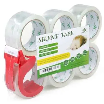 BOMEI PACK No Noise Quiet Clear Packing Tape, Heavy Duty Packaging Tape, Refill Rolls for Sealing Packing and Shipping, 2.4Mil 1.88Inch 55Yards 6rolls, with Free Dispenser