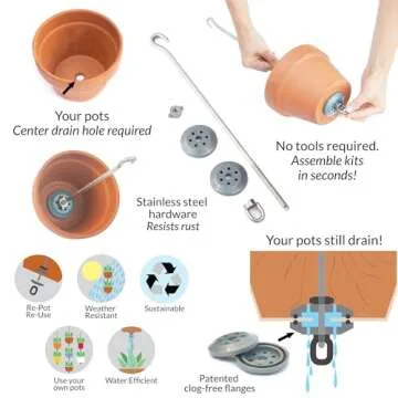 SkyPots — Three Pack, Pot Hanger Kits + Accessories - Hang and Connect Your Clay Pots, Stainless Steel - Indoor Outdoor - Connectable Hanging Planter Vertical Garden w/Drainage for Healthy Plants