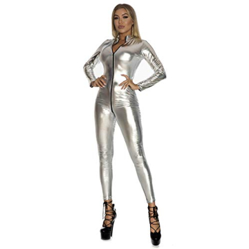 Sexy Metallic Catsuit Zipper Front Clubwear Bodysuit