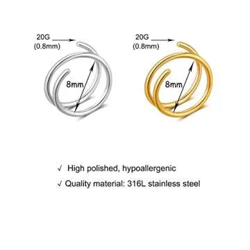 Double Hoop Earrings for Single Piercing，Fake Piercing Silver Double Earring, Handmade Cartilage Piercing, Twist Double Hoop Huggie Earrings, Wrap Earrings Spiral Earrings for Women