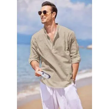 COOFANDY Men's Cotton Linen Henley T-Shirts Long Sleeve Hippie Casual Beach T-Shirts