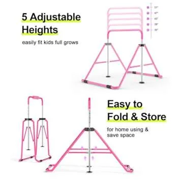 Safly Fun Gymnastics Bar for Kids, Adjustable Height Horizontal Bar Foldable Gymnastic Junior Training Bar Kip Bar for Home Using Gymnastics Equipment Indoor