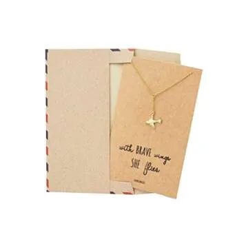 quan jewelry Airplane Lariat Necklace, Dainty Fashion Jewelry Motivational Gifts for Women with Greeting Card, Adjustable Chain 16" to 18" Gold Tone, Rhodium Plated