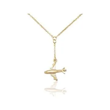 quan jewelry Airplane Lariat Necklace, Dainty Fashion Jewelry Motivational Gifts for Women with Greeting Card, Adjustable Chain 16" to 18" Gold Tone, Rhodium Plated