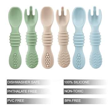 PandaEar 6 Pack Silicone Baby Spoons & Forks | Baby Feeding Set Self Feeding Utensils, Toddler Infan...
