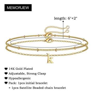 Gold Initial Bracelets for Women, Dainty 14K Gold Plated Letter K Initial Bracelet Tiny Layered Chai...